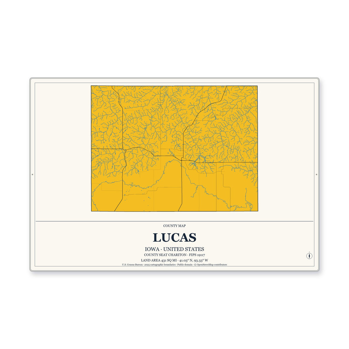 Lucas County, Iowa Map Aluminum Sign in Citrine Modern style