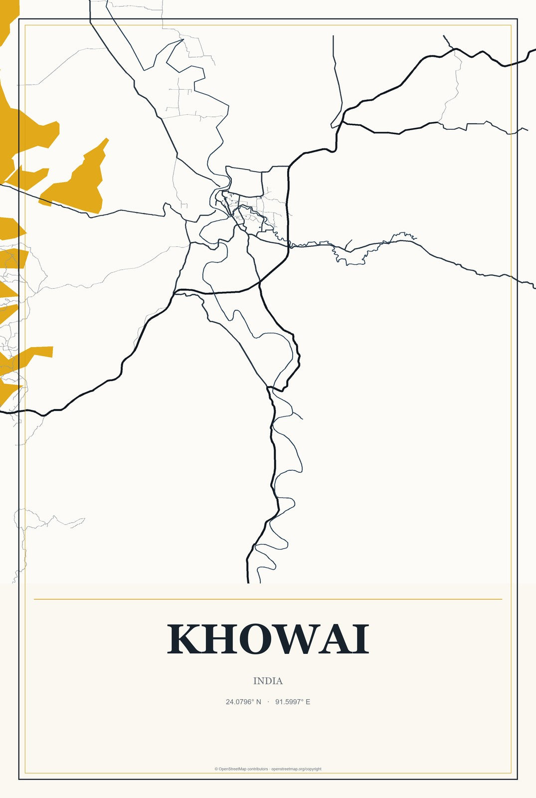 Khowai, India City Map Aluminum Sign in Citrine Modern style