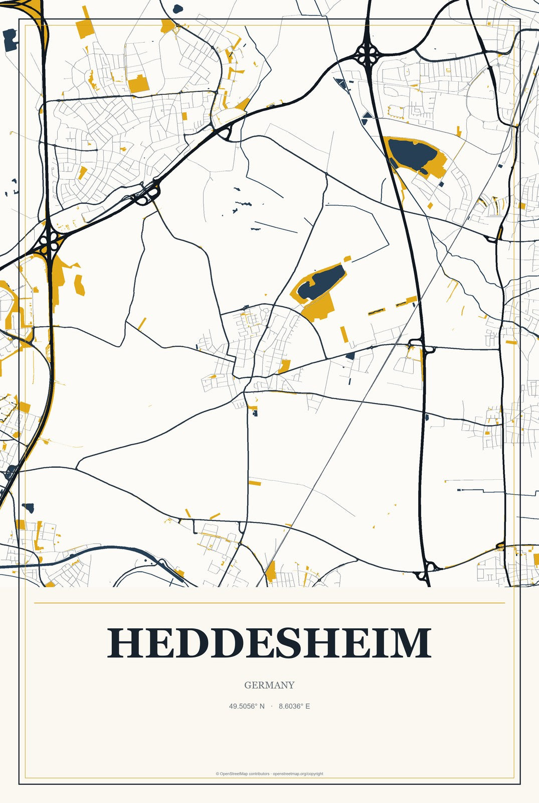Heddesheim, Germany City Map Aluminum Sign in Citrine Modern style