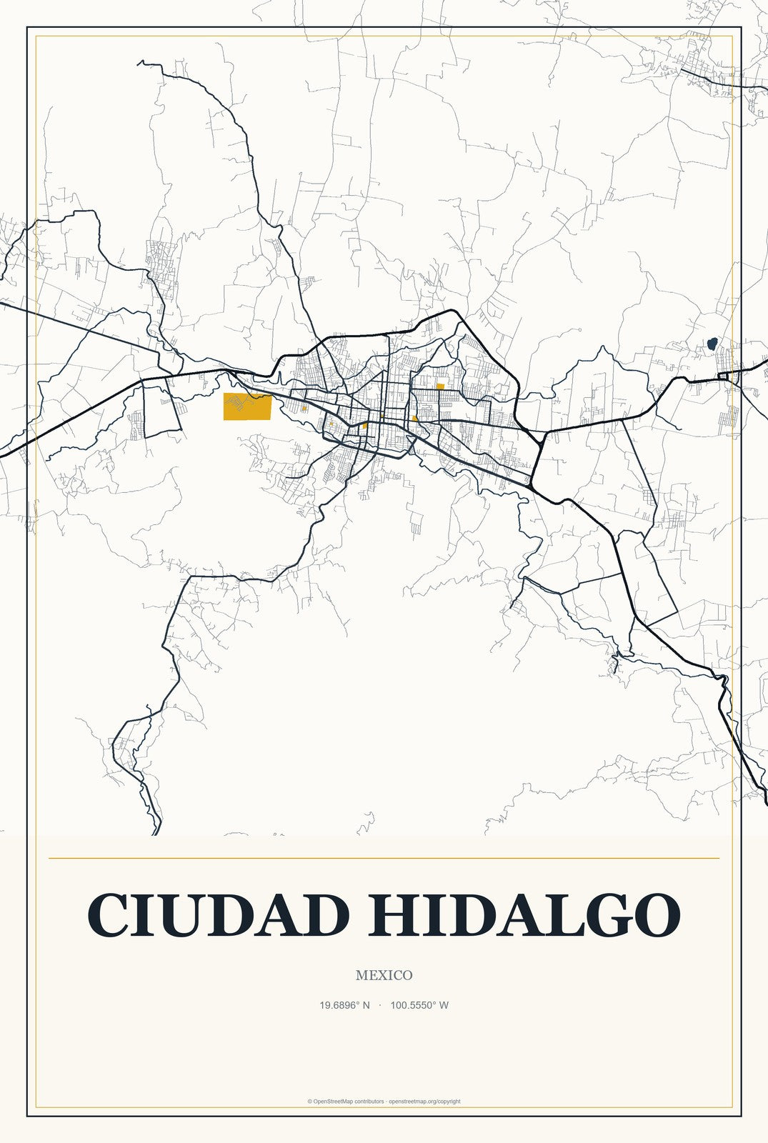 Ciudad Hidalgo, Chiapas, Mexico City Map Aluminum Sign in Citrine Modern style