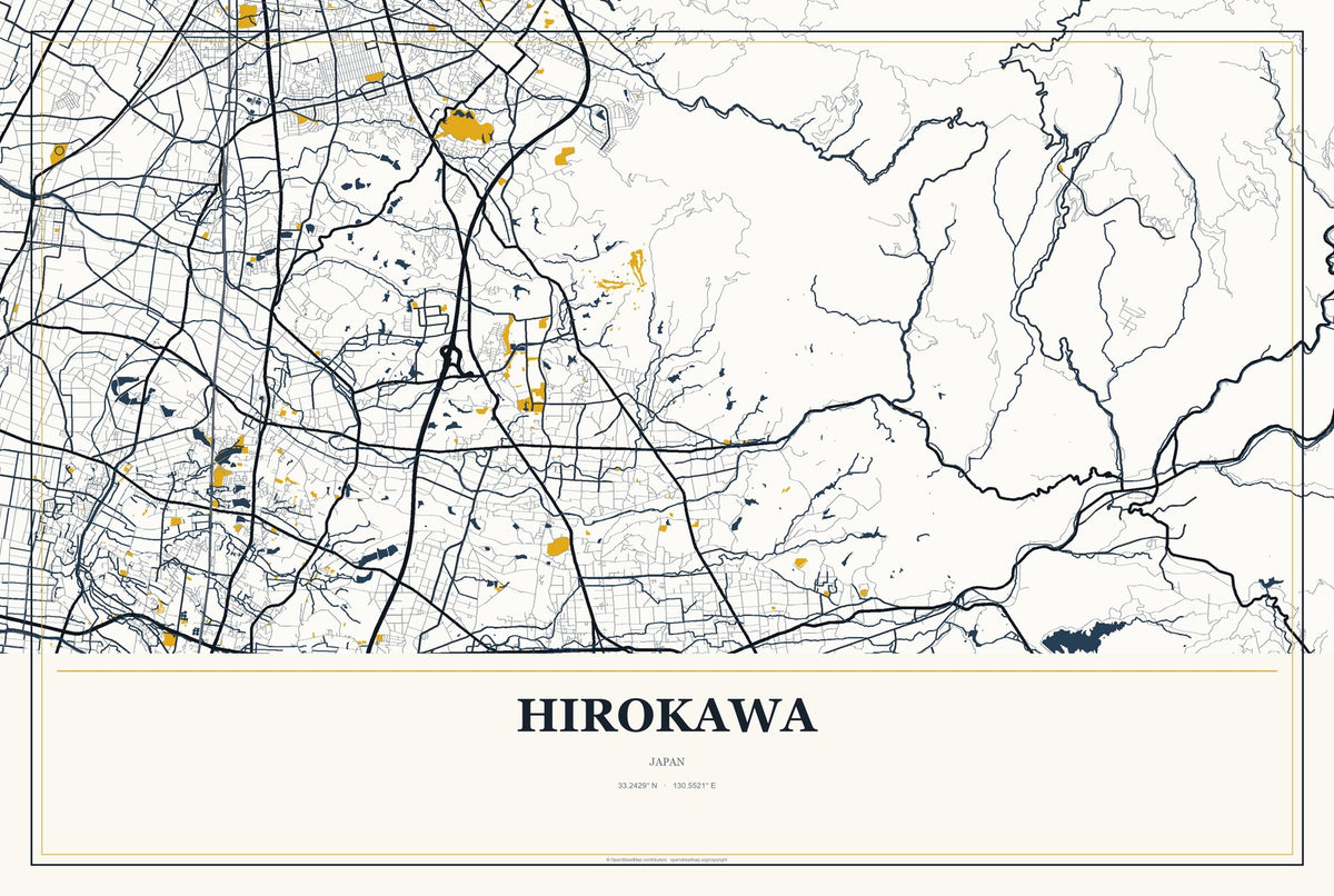 Hirokawa, Japan City Map Aluminum Sign in Citrine Modern style
