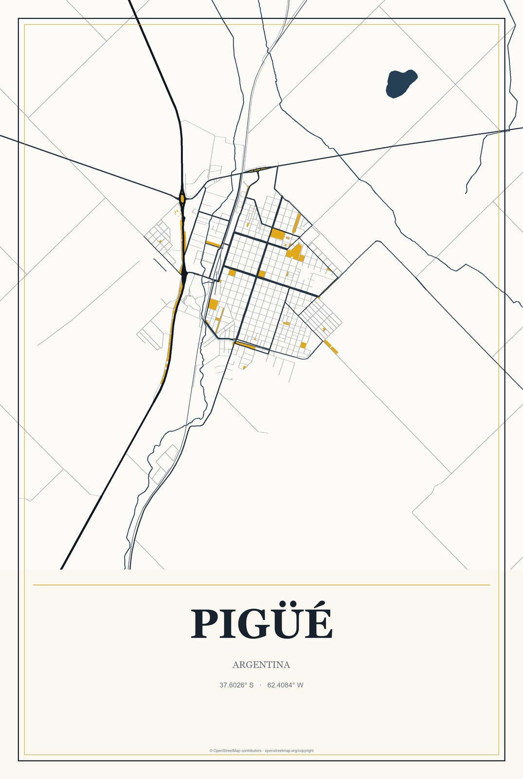 Pigüé, Argentina City Map Aluminum Sign in Citrine Modern style