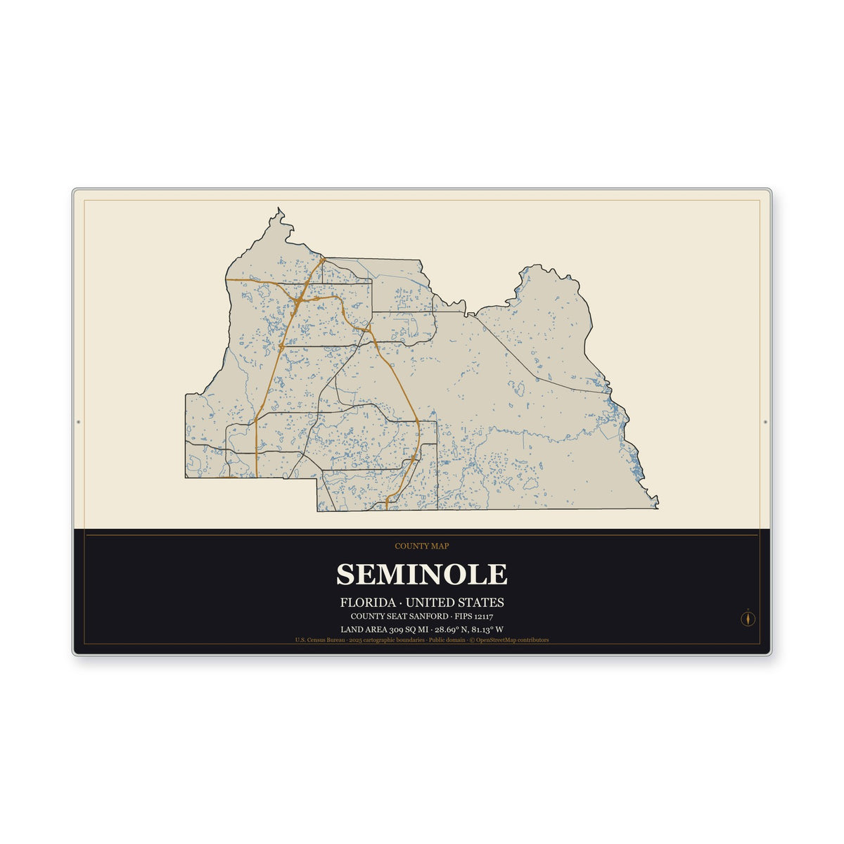 Seminole County, Florida Map Aluminum Sign in Museum Plaque style