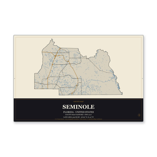 Seminole County, Florida Map Aluminum Sign in Museum Plaque style