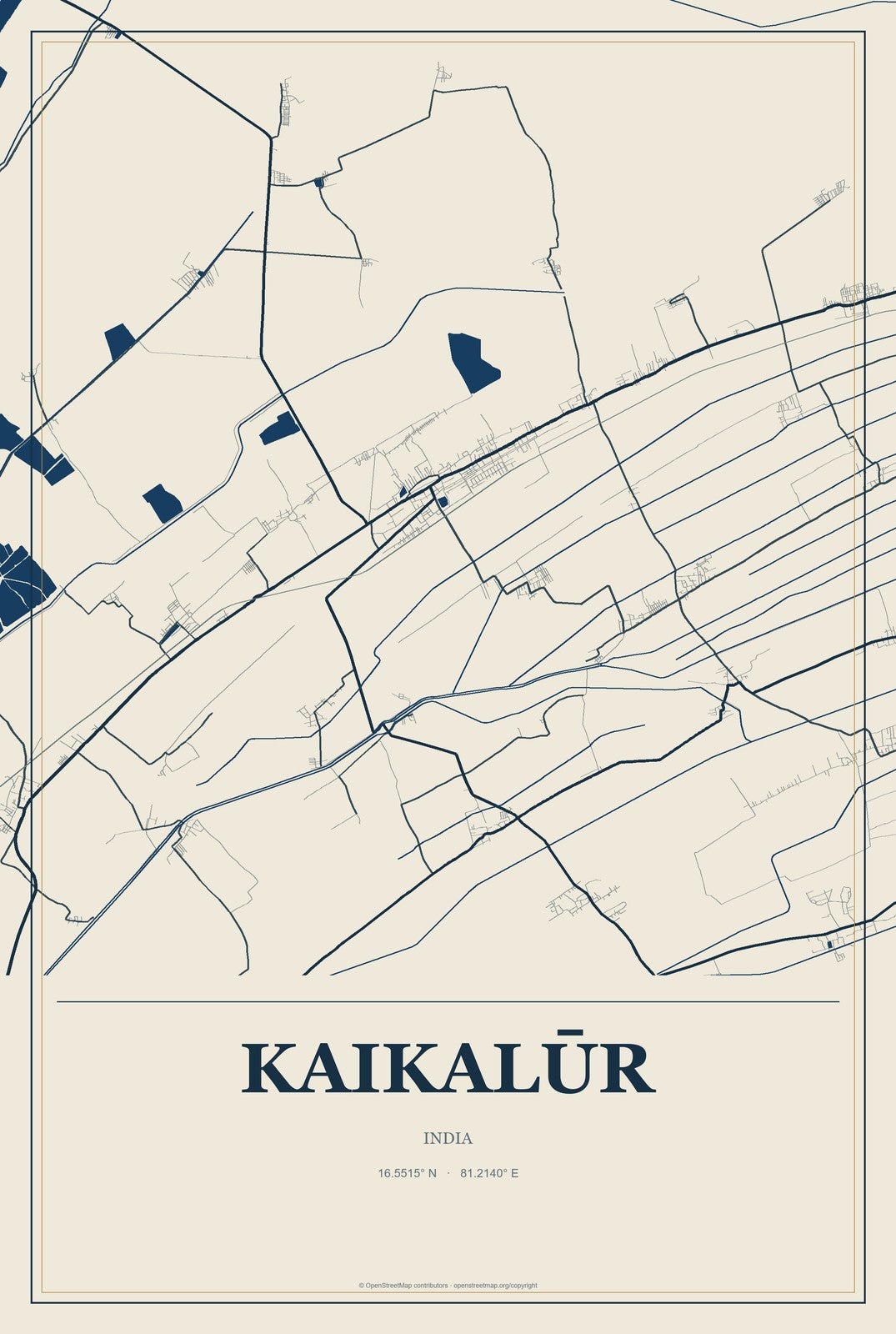 Kaikalūr, India City Map Aluminum Sign in Coastal Cutout style