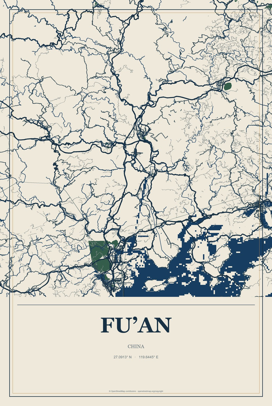 Fu’an, China City Map Aluminum Sign in Coastal Cutout style