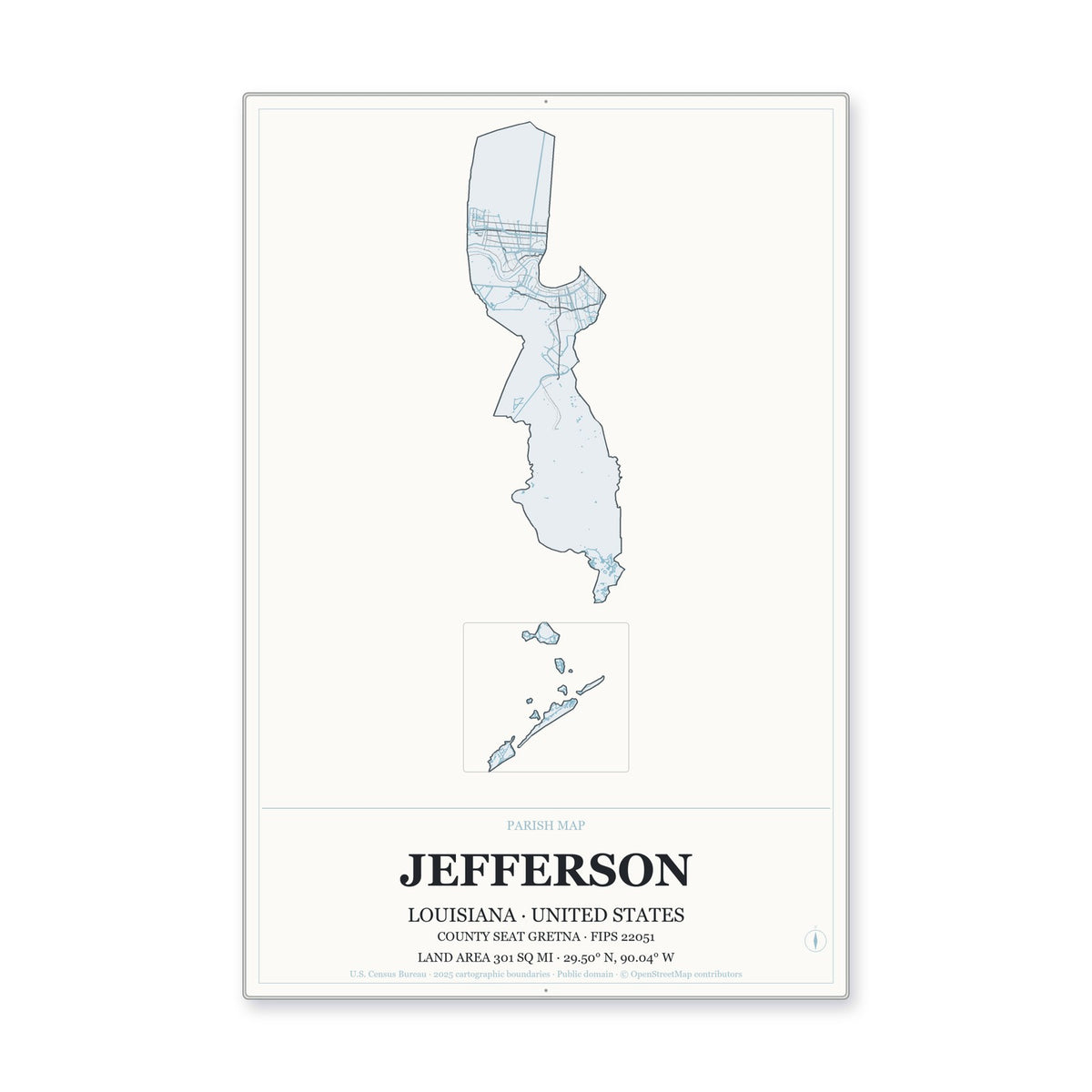 Jefferson Parish, Louisiana Map Aluminum Sign in Gallery Air style