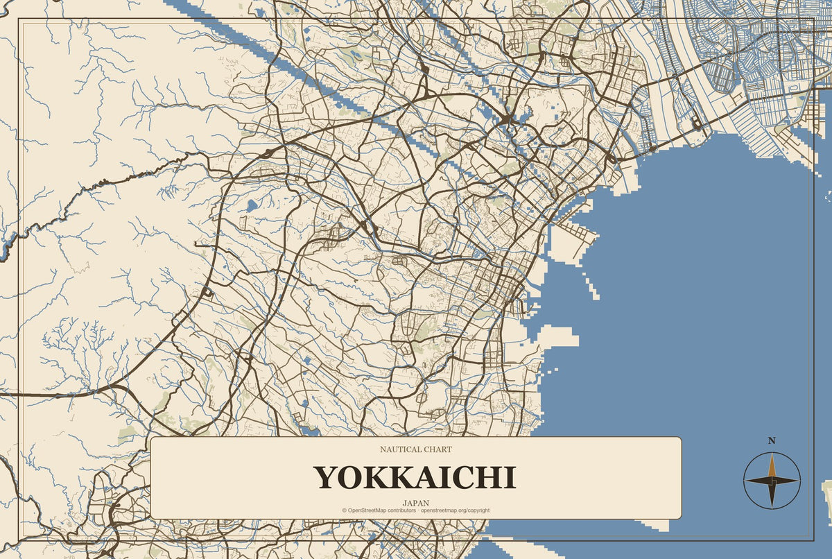Yokkaichi, Mie, Japan City Map Aluminum Sign in Heritage Nautical style