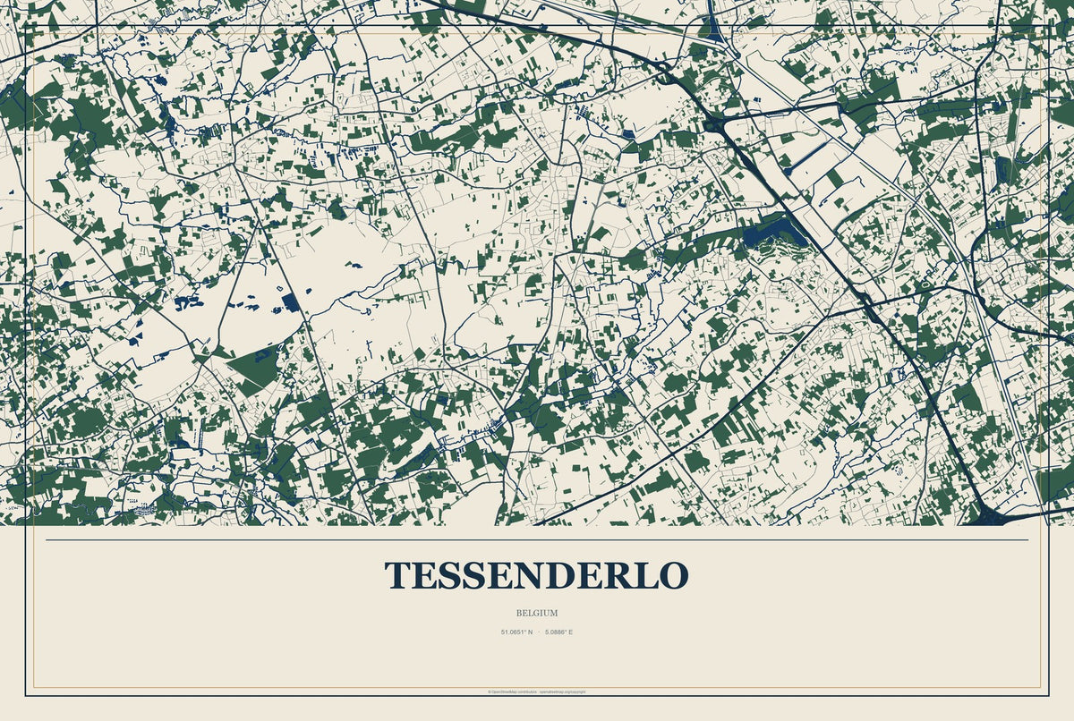 Tessenderlo, Belgium City Map Aluminum Sign in Coastal Cutout style