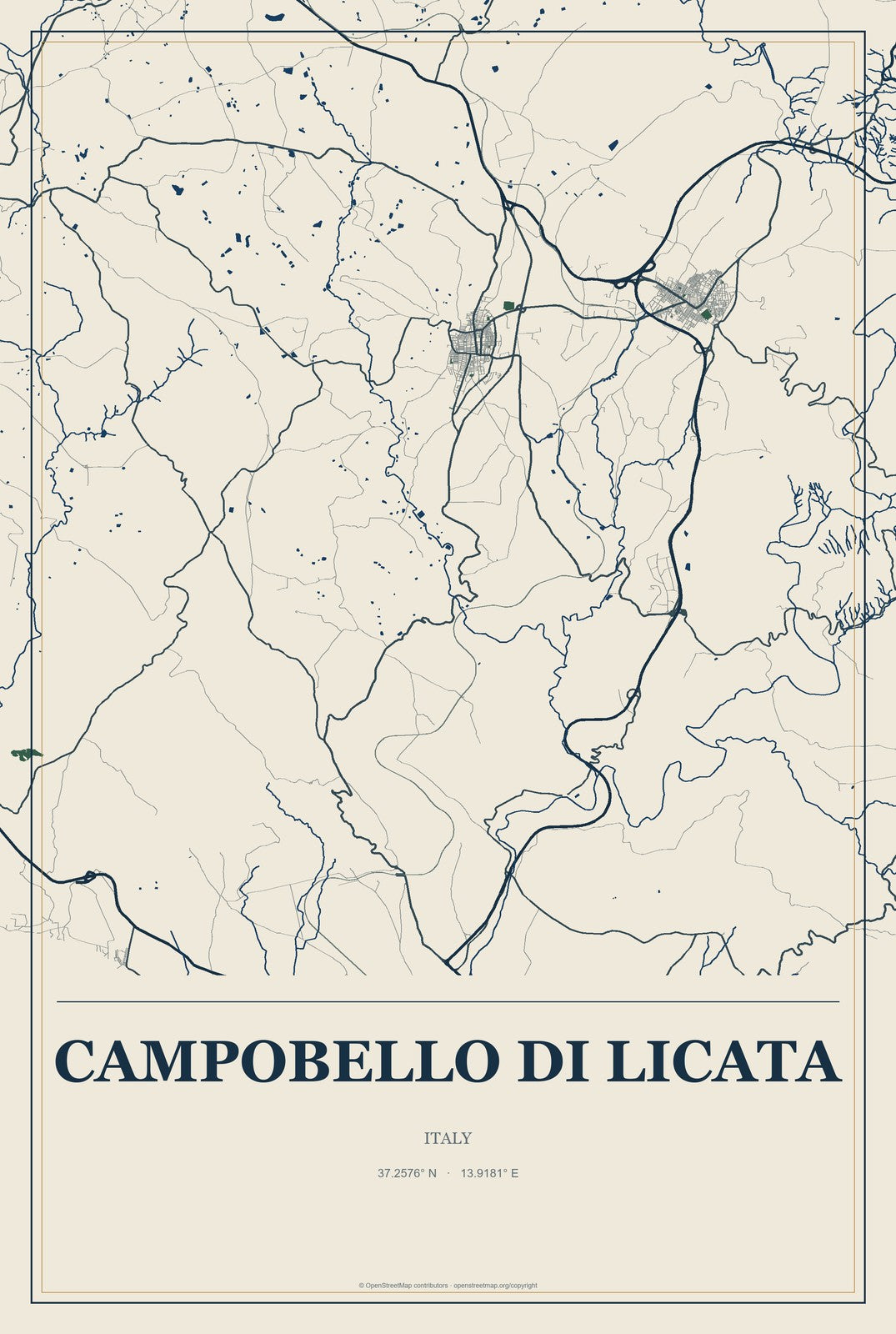 Campobello di Licata, Italy City Map Aluminum Sign in Coastal Cutout style