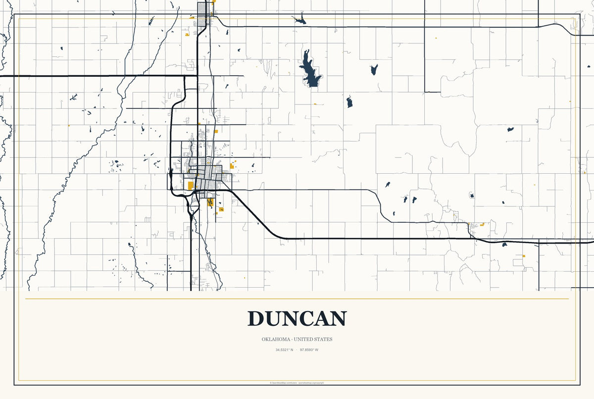 Duncan, Oklahoma City Map Aluminum Sign in Citrine Modern style
