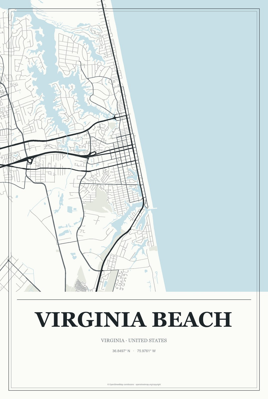 Virginia Beach, Virginia City Map Aluminum Sign in Gallery Air style