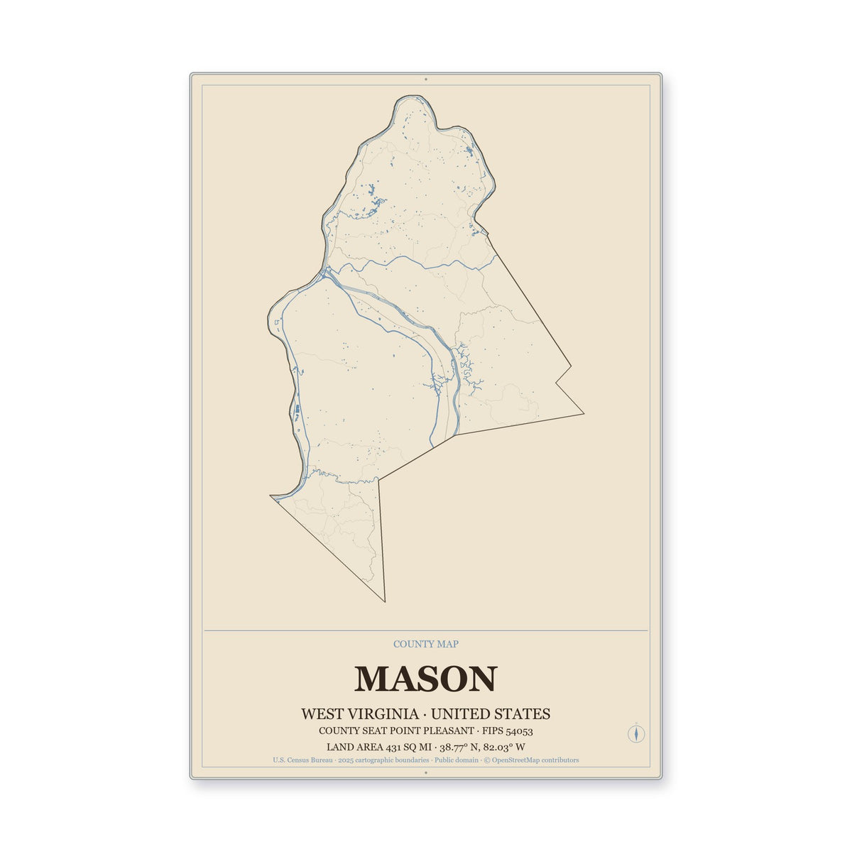 Mason County, West Virginia Map Aluminum Sign in Heritage Nautical style