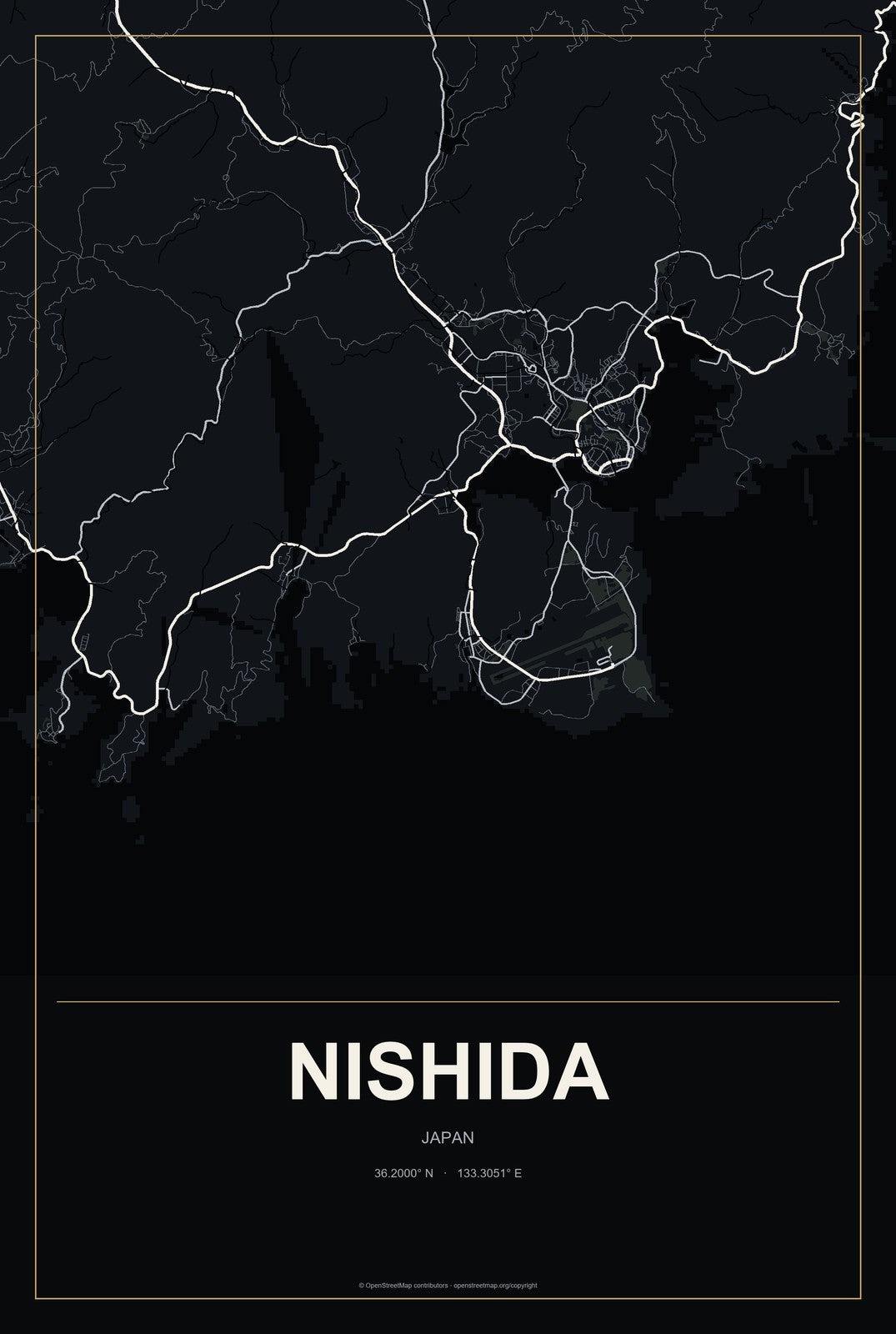 Nishida, Japan City Map Aluminum Sign in Metropolitan Noir style