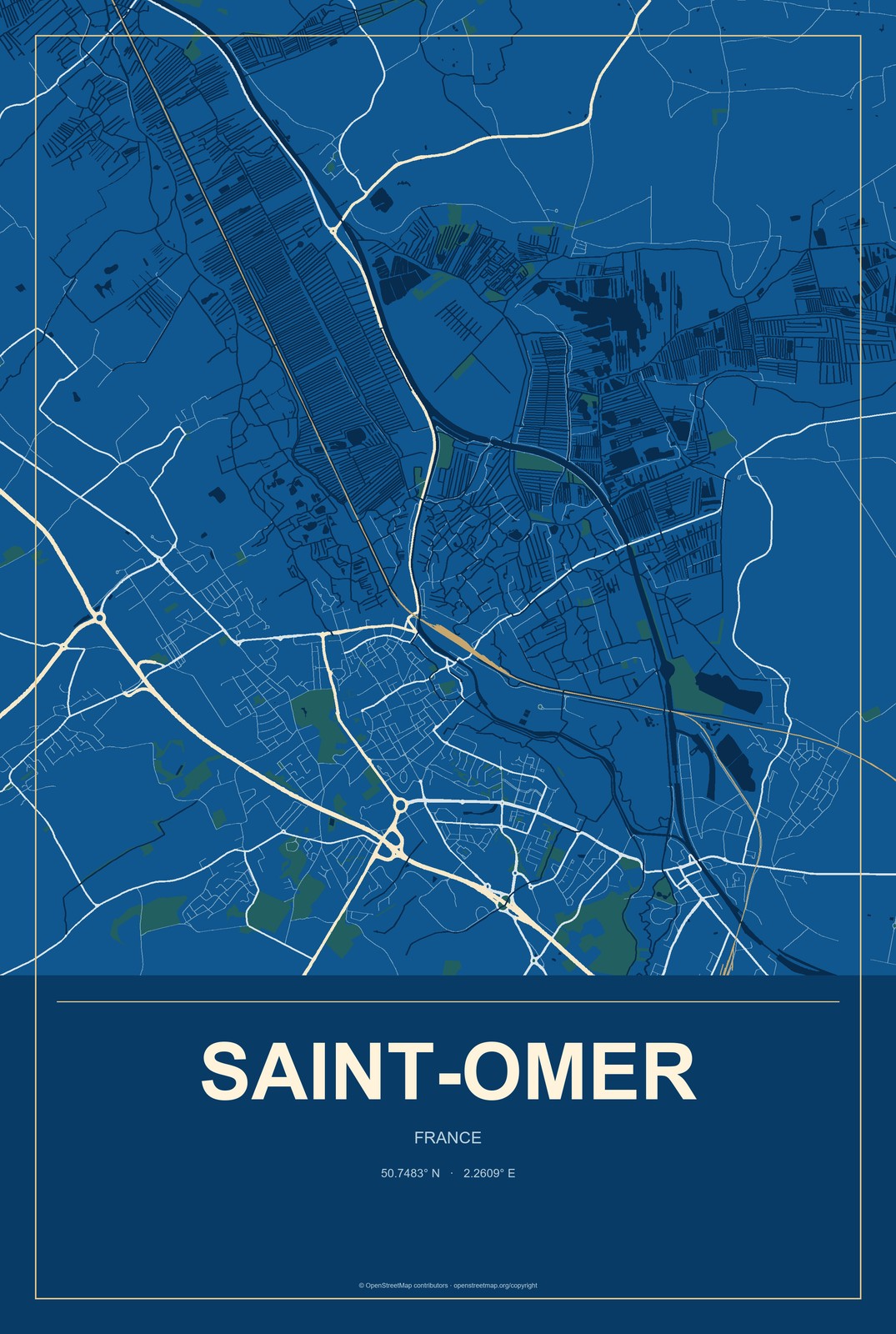Saint-Omer, France City Map Aluminum Sign in Harbor Cobalt style