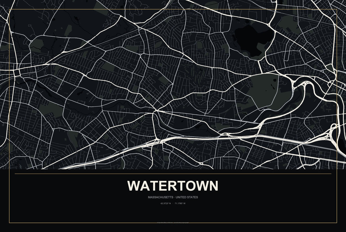 Watertown, Massachusetts City Map Aluminum Sign in Metropolitan Noir style