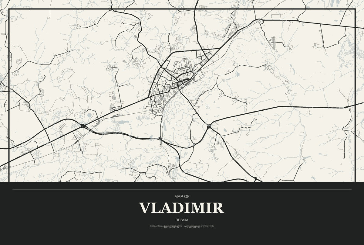 Vladimir, Russia City Map Aluminum Sign in Museum Plaque style