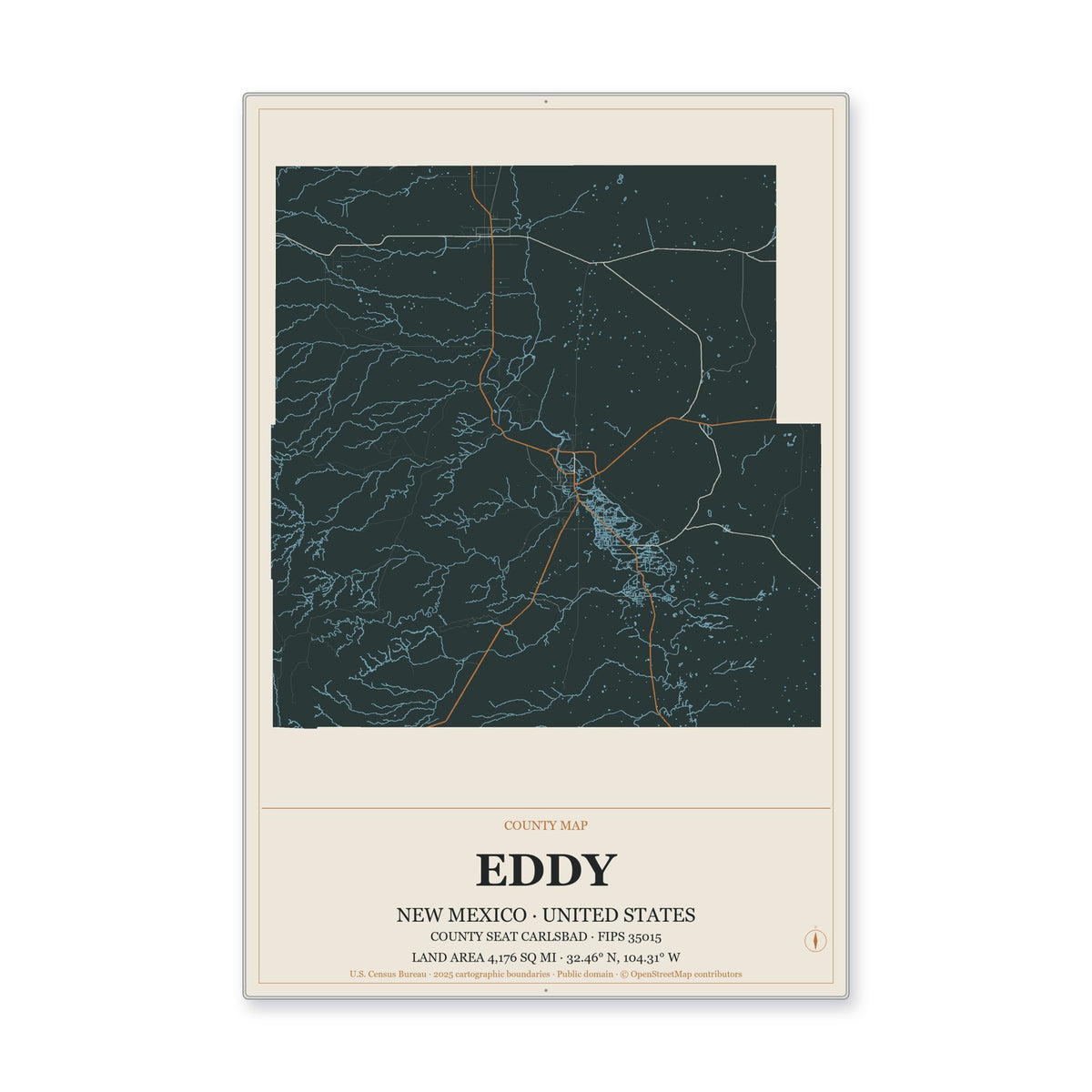 Eddy County, New Mexico Map Aluminum Sign in Headline Atlas style