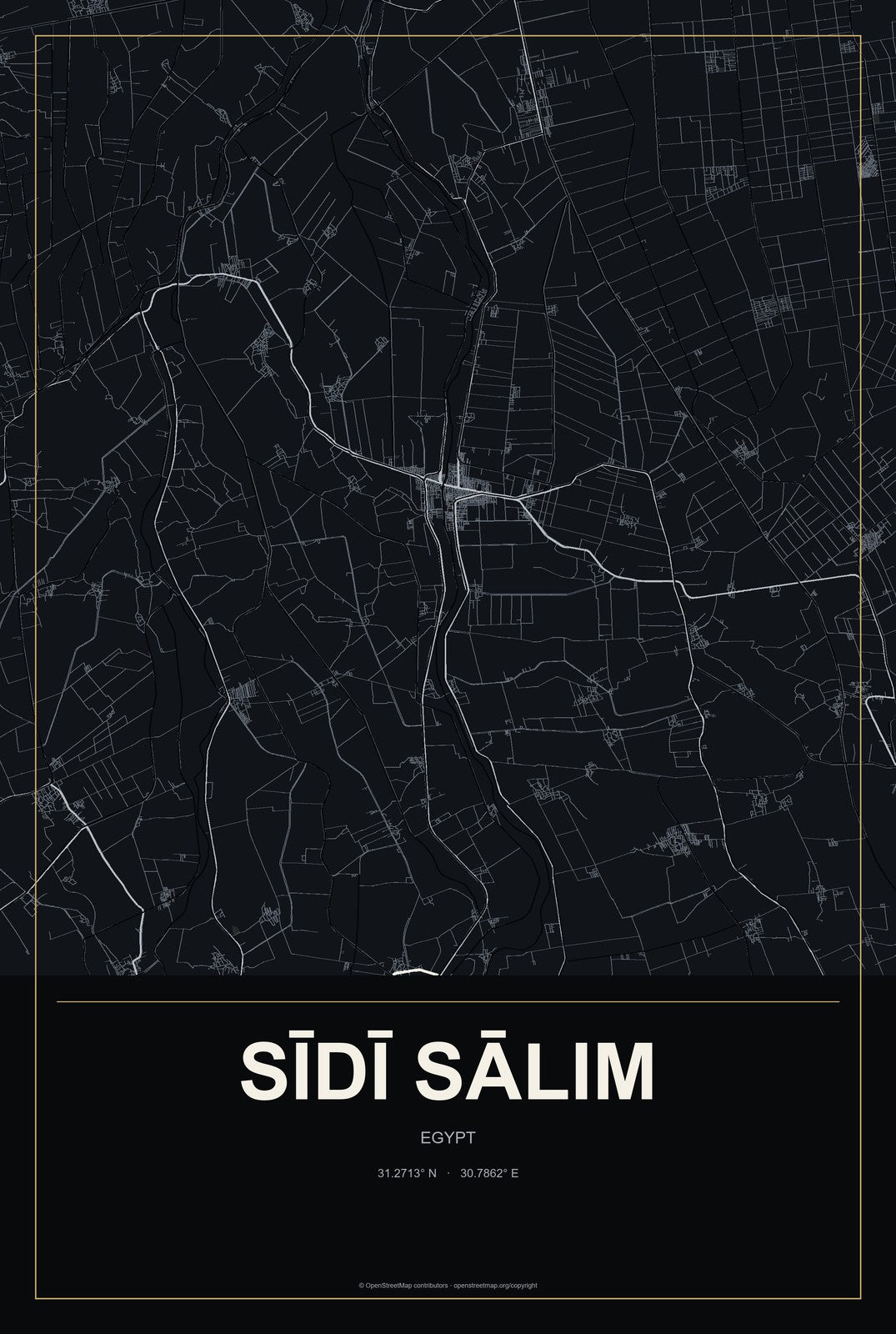 Sīdī Sālim, Egypt City Map Aluminum Sign in Metropolitan Noir style