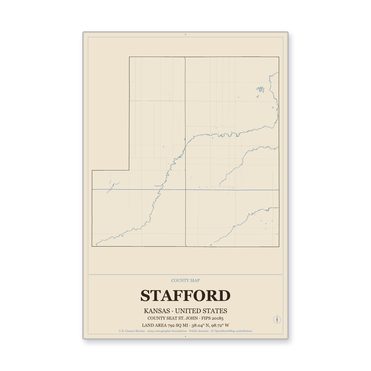 Stafford County, Kansas Map Aluminum Sign in Heritage Nautical style