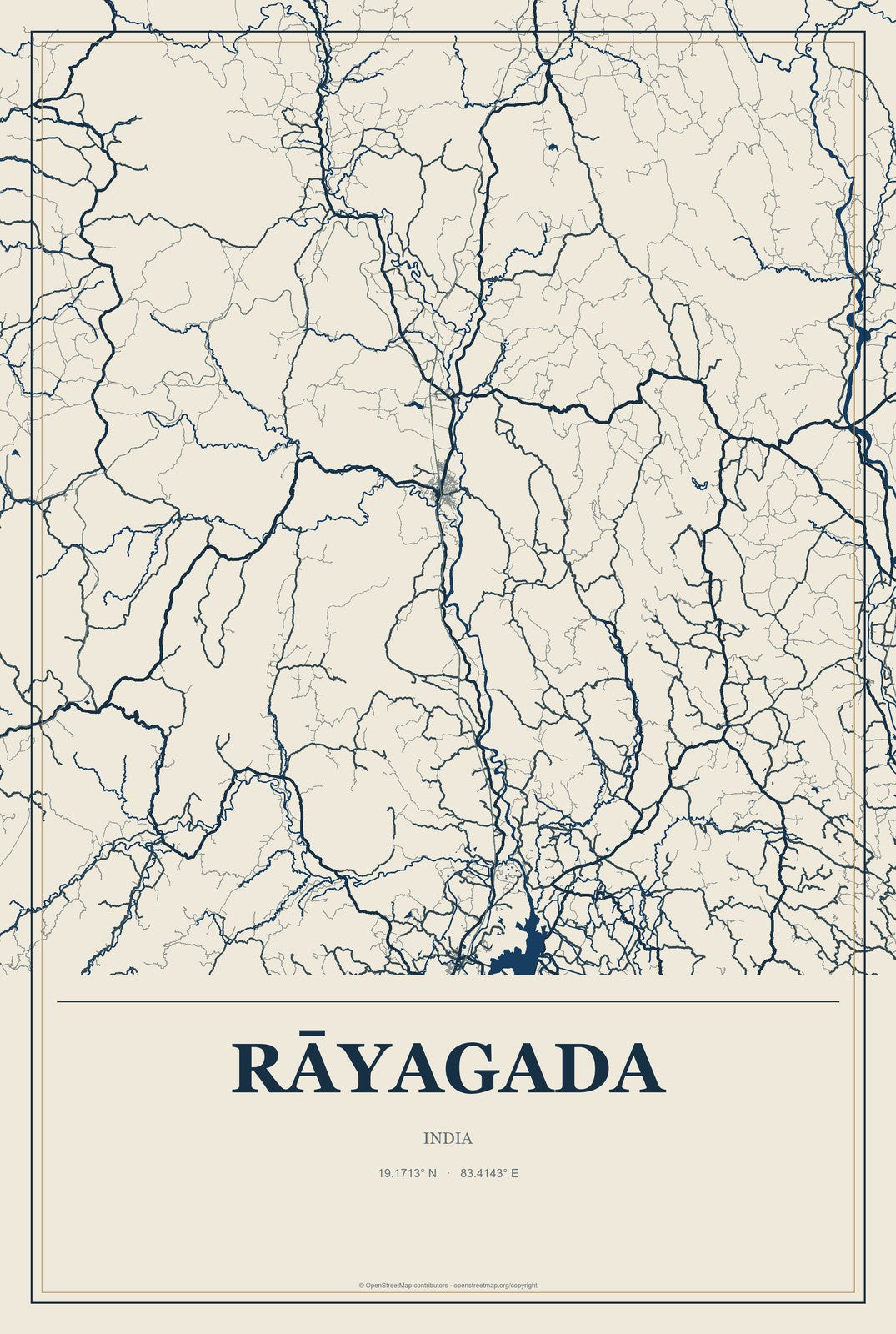 Rāyagada, India City Map Aluminum Sign in Coastal Cutout style