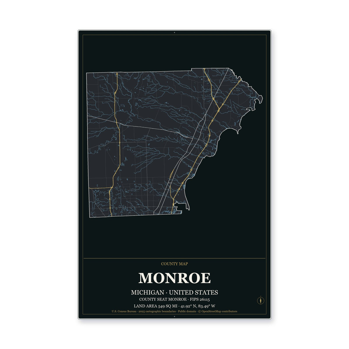 Monroe County, Michigan Map Aluminum Sign in Metropolitan Noir style