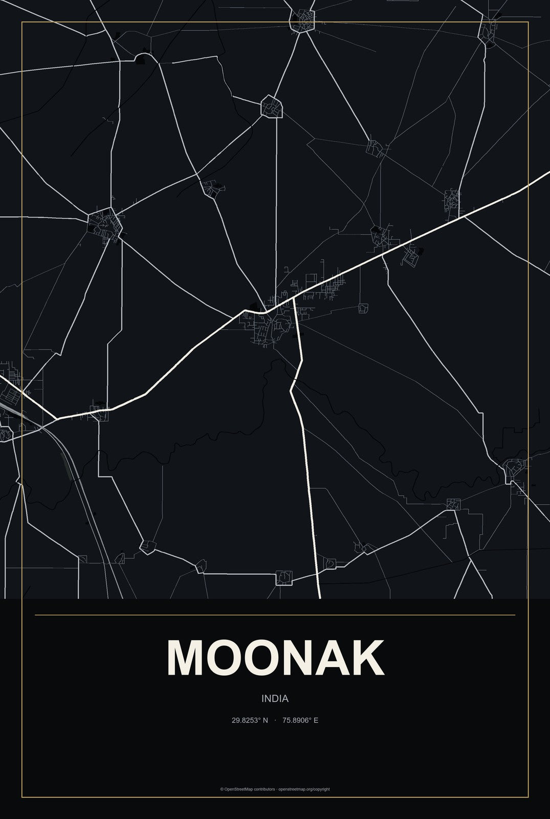 Moonak, India City Map Aluminum Sign in Metropolitan Noir style