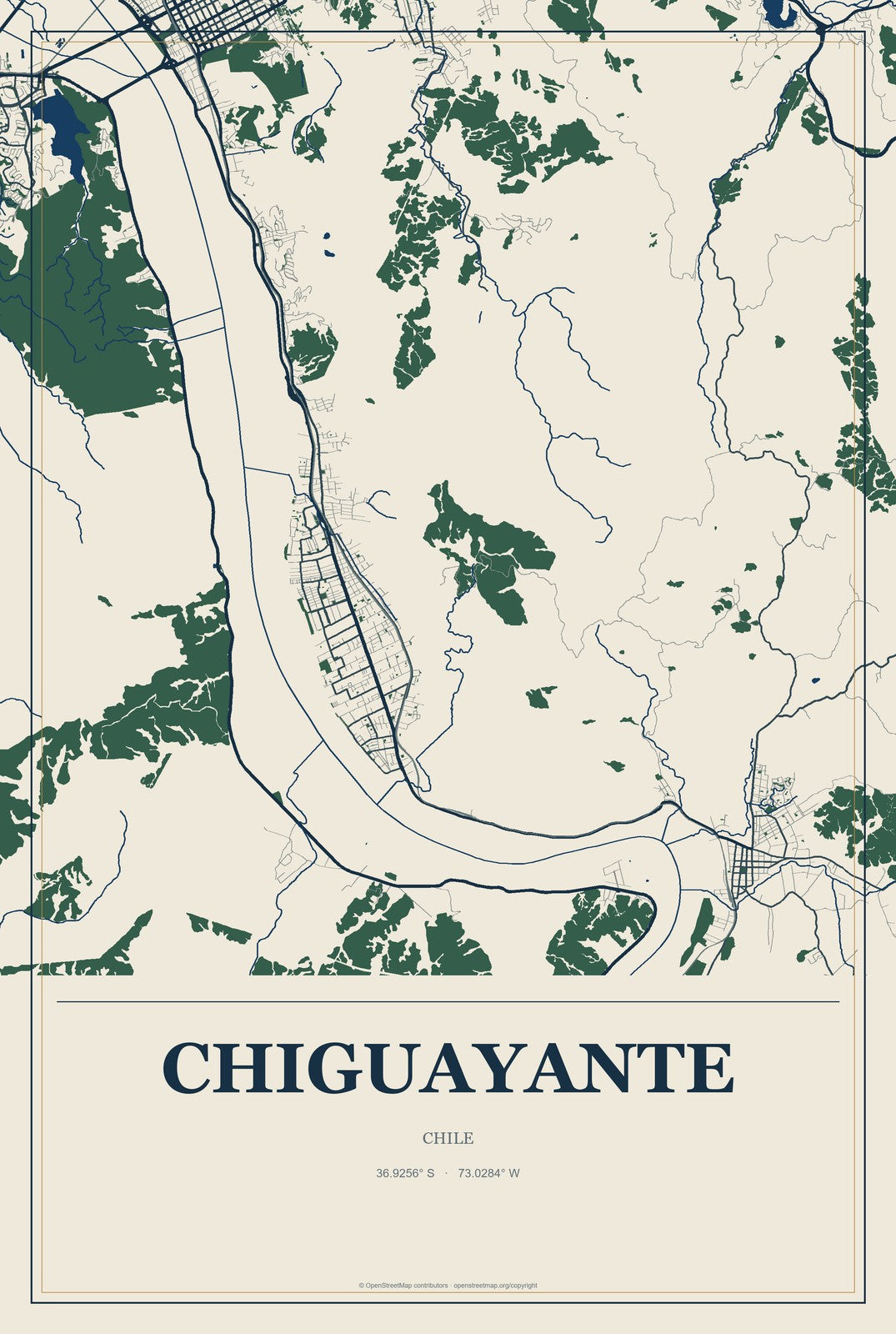 Chiguayante, Chile City Map Aluminum Sign in Coastal Cutout style