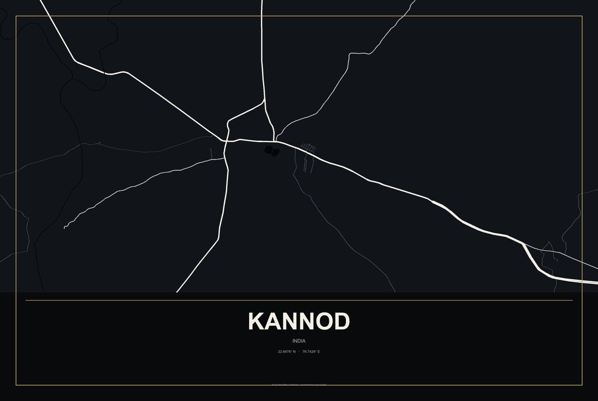 Kannod, India City Map Aluminum Sign in Metropolitan Noir style