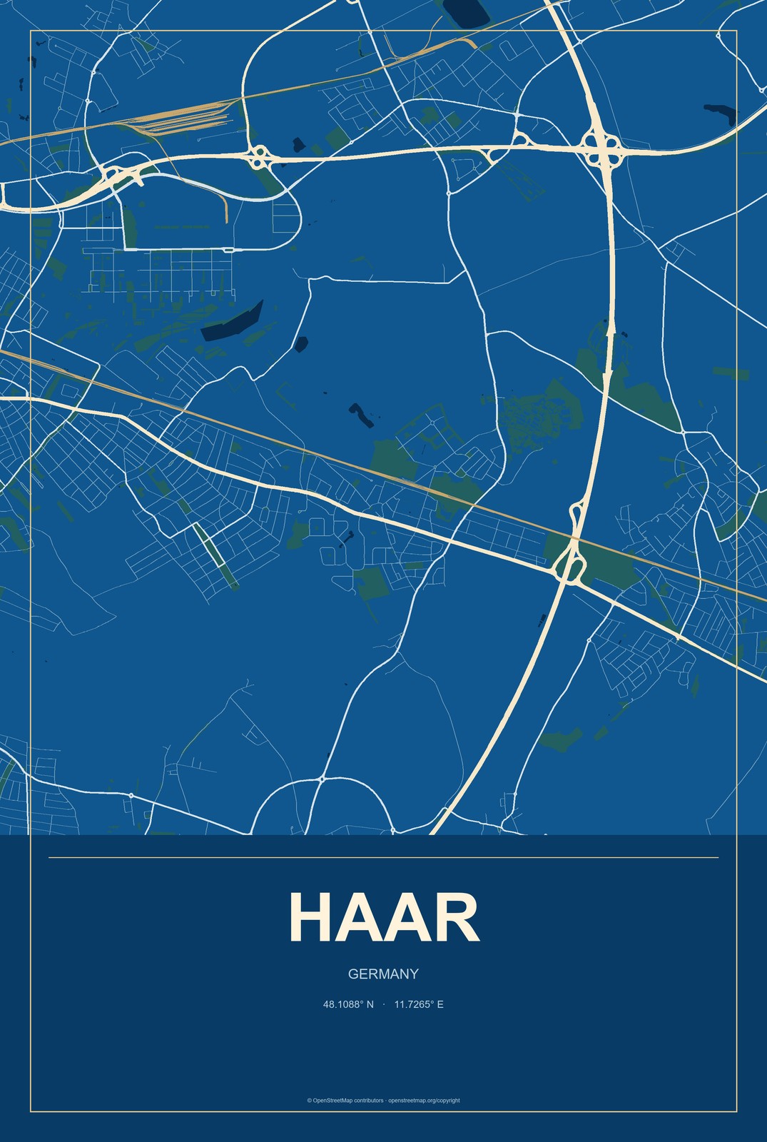 Haar, Germany City Map Aluminum Sign in Harbor Cobalt style