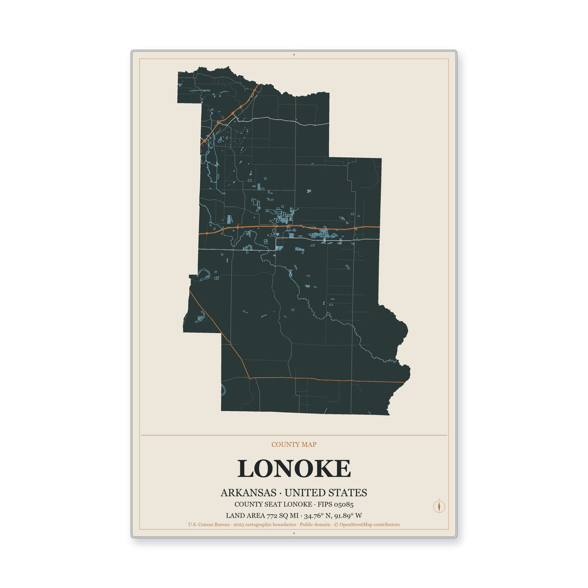 Lonoke County, Arkansas Map Aluminum Sign in Headline Atlas style