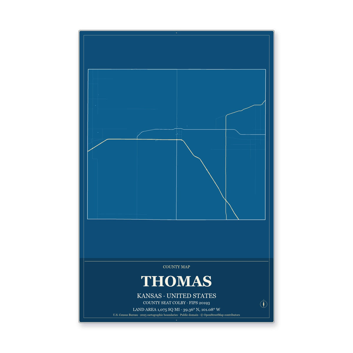 Thomas County, Kansas Map Aluminum Sign in Harbor Cobalt style