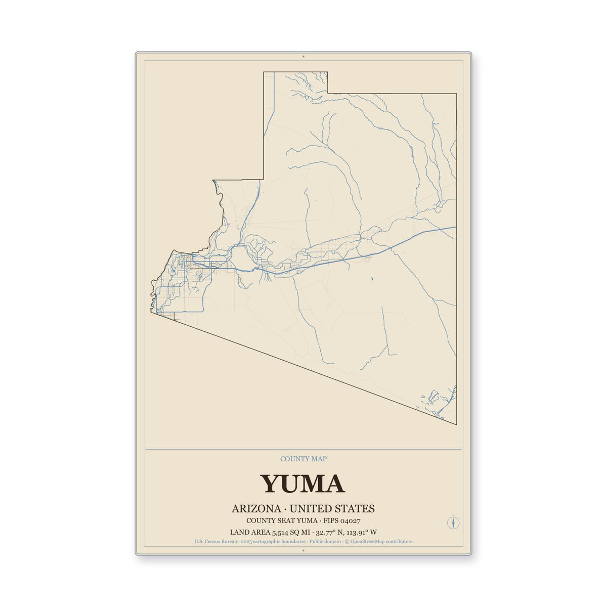Yuma County, Arizona Map Aluminum Sign in Heritage Nautical style