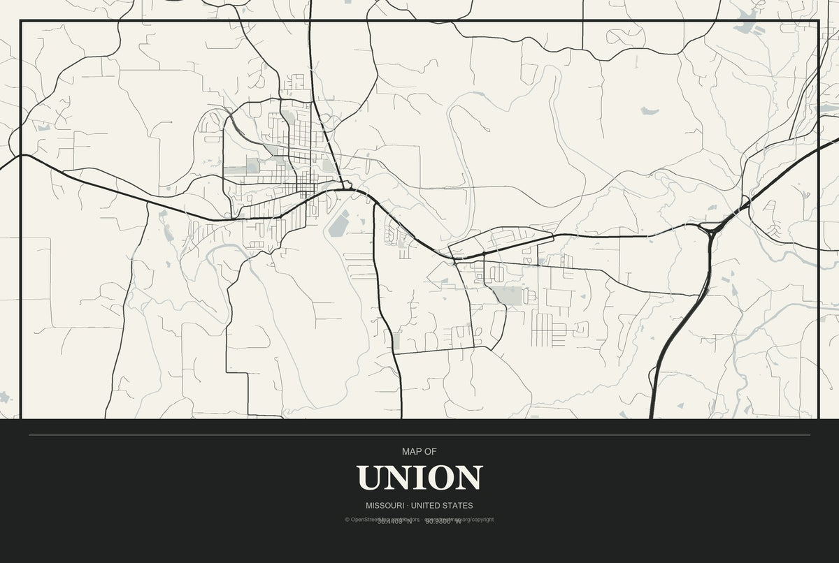 Union, Missouri City Map Aluminum Sign in Museum Plaque style