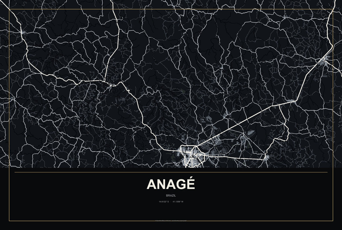 Anagé, Brazil City Map Aluminum Sign in Metropolitan Noir style