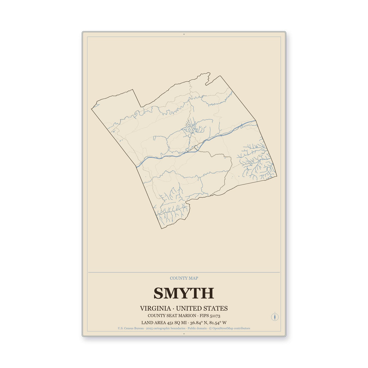 Smyth County, Virginia Map Aluminum Sign in Heritage Nautical style