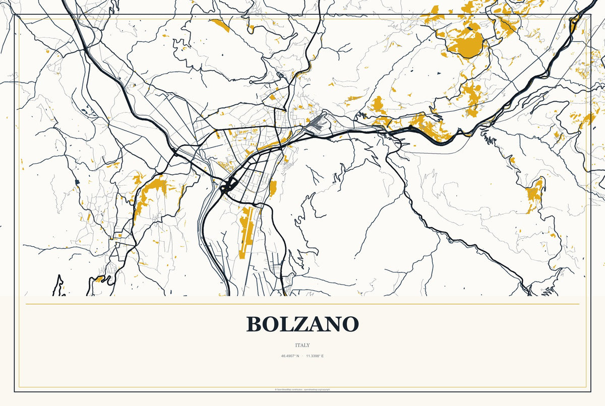 Bolzano, Italy City Map Aluminum Sign in Citrine Modern style