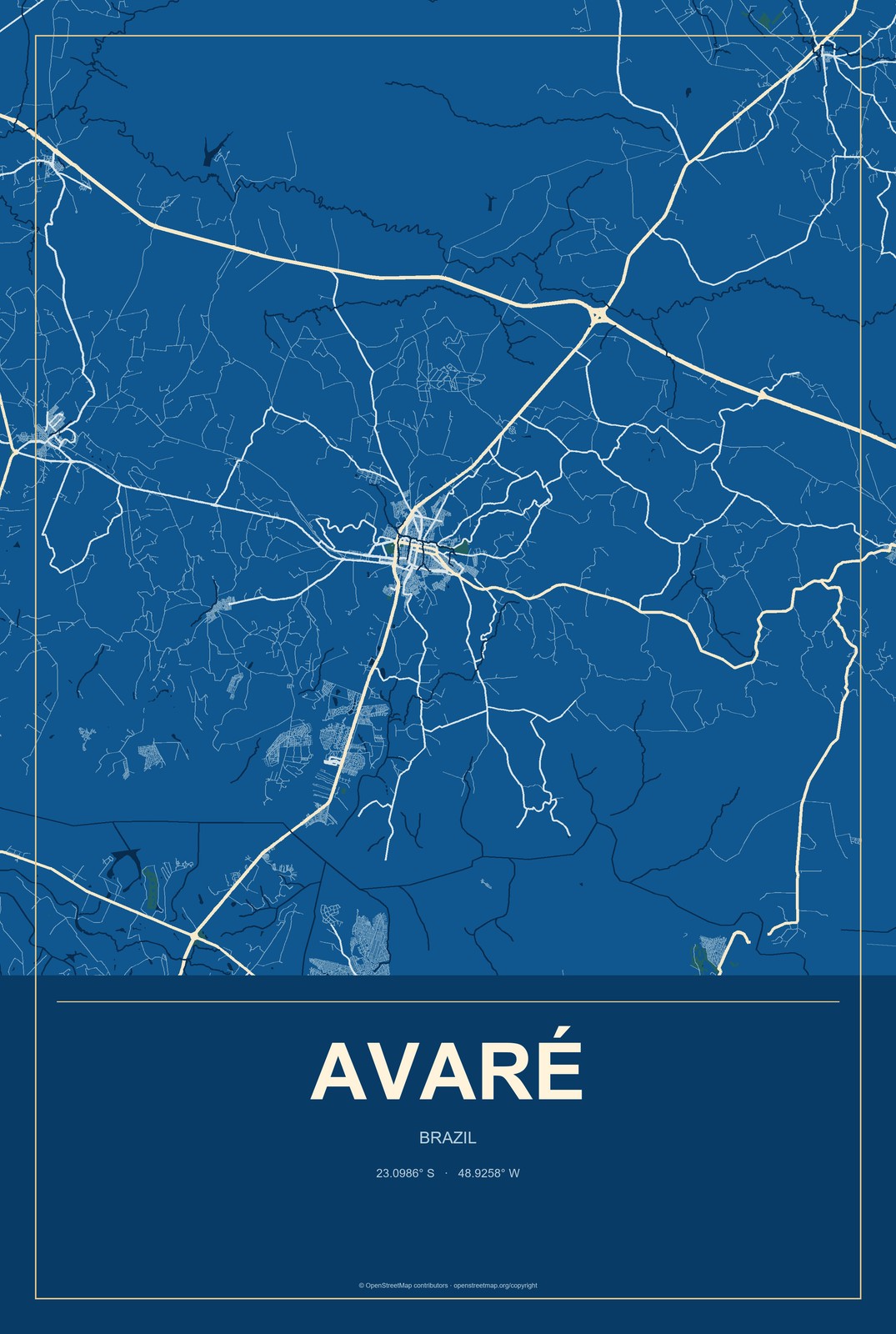 Avaré, Brazil City Map Aluminum Sign in Harbor Cobalt style