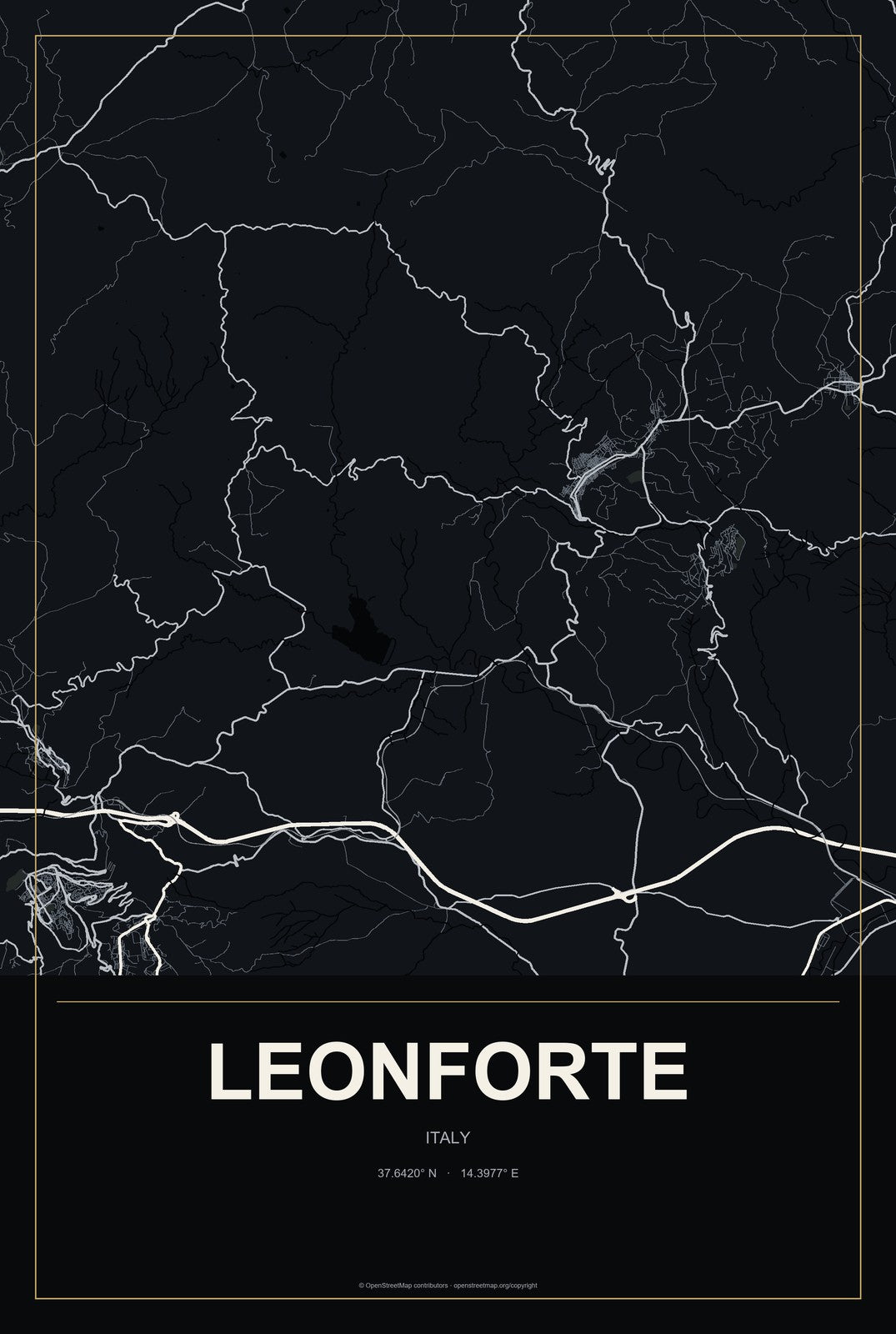 Leonforte, Italy City Map Aluminum Sign in Metropolitan Noir style