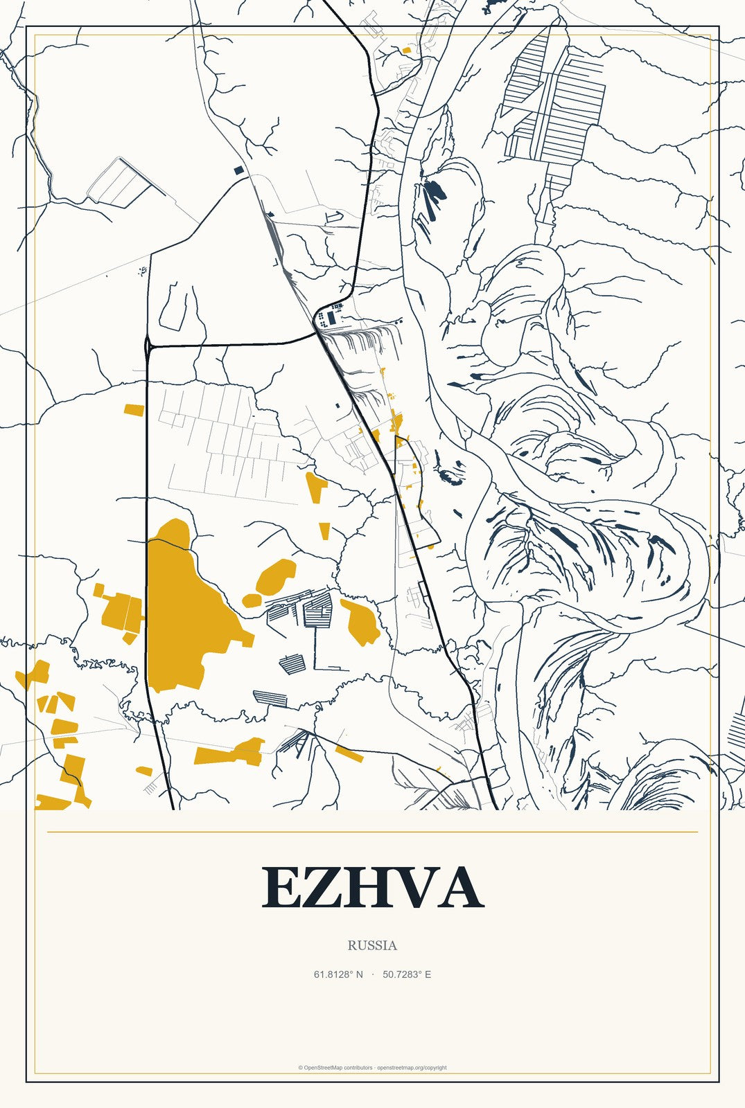 Ezhva, Russia City Map Aluminum Sign in Citrine Modern style
