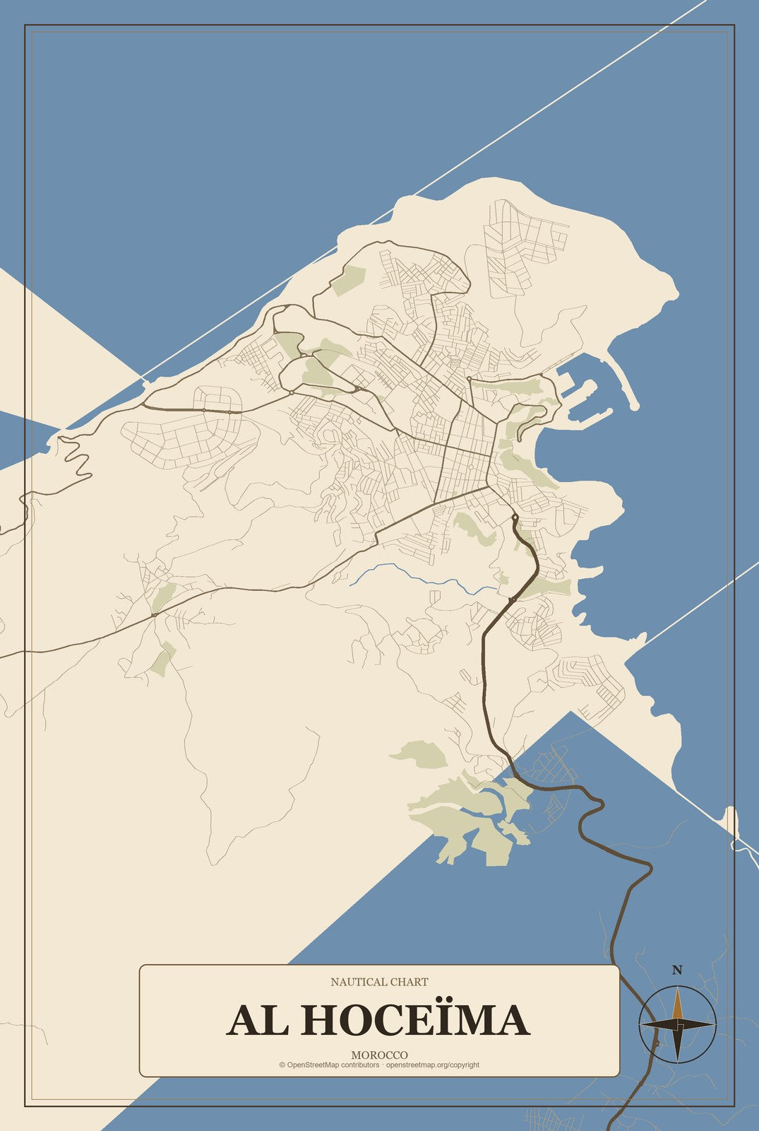 Al Hoceïma, Morocco City Map Aluminum Sign in Heritage Nautical style