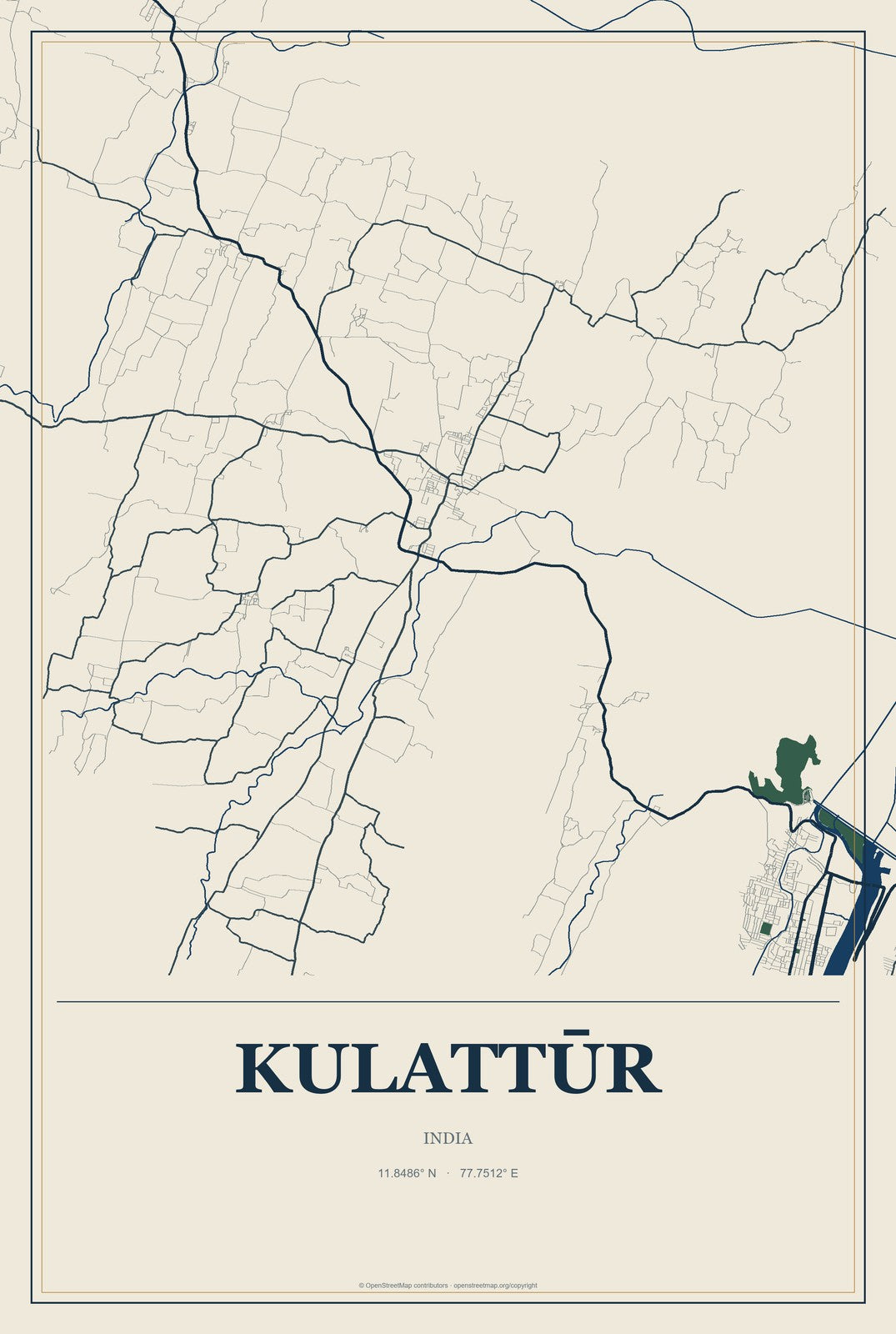 Kulattūr, India City Map Aluminum Sign in Coastal Cutout style