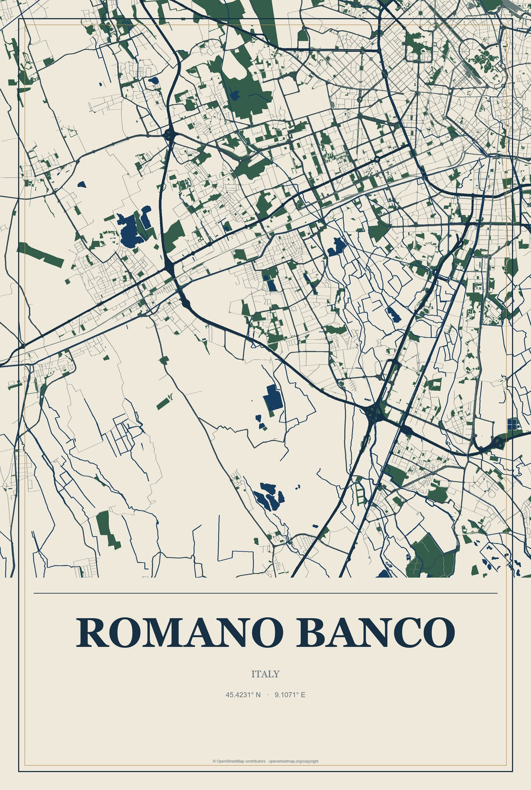 Romano Banco, Italy City Map Aluminum Sign in Coastal Cutout style