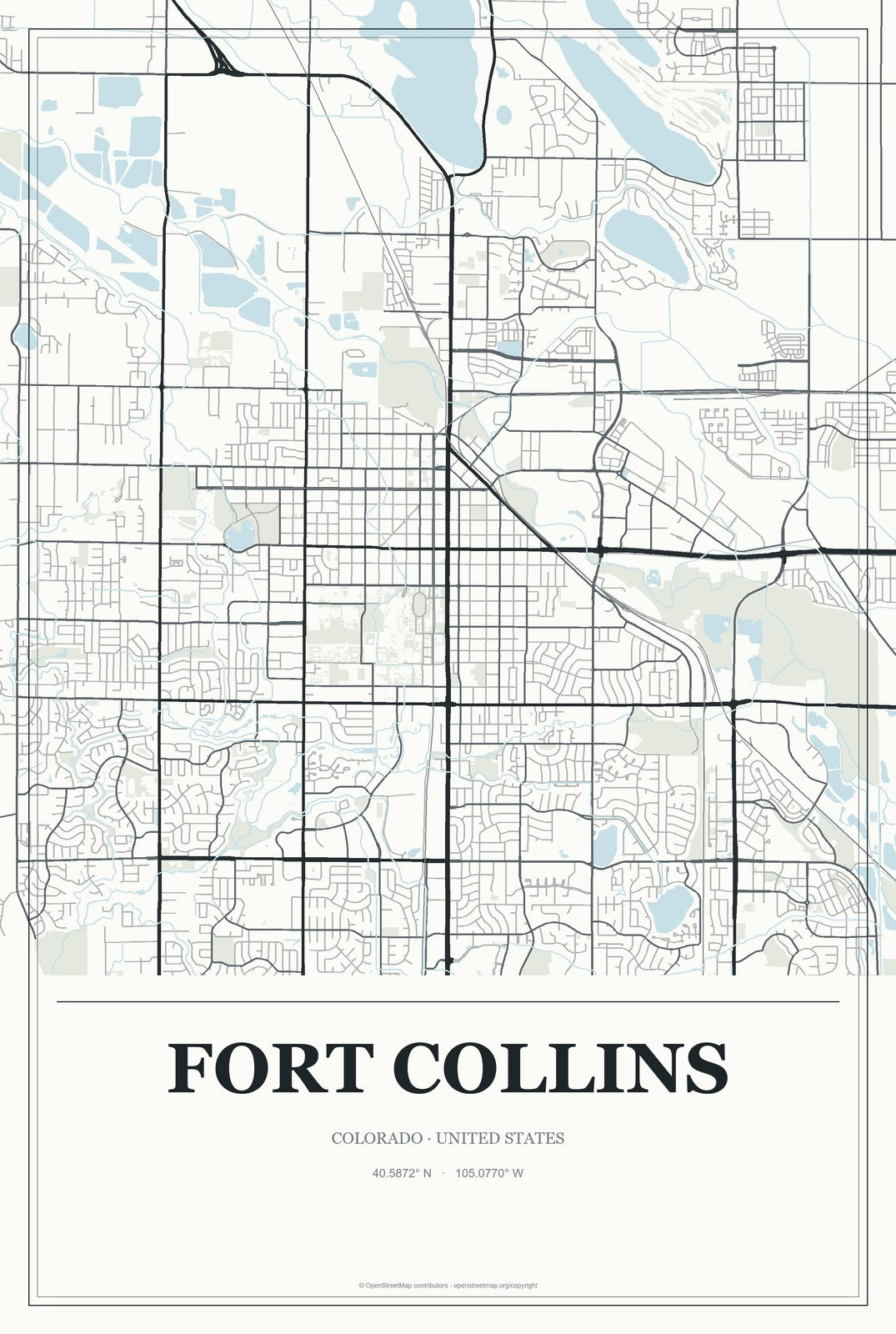 Fort Collins, Colorado City Map Aluminum Sign in Gallery Air style