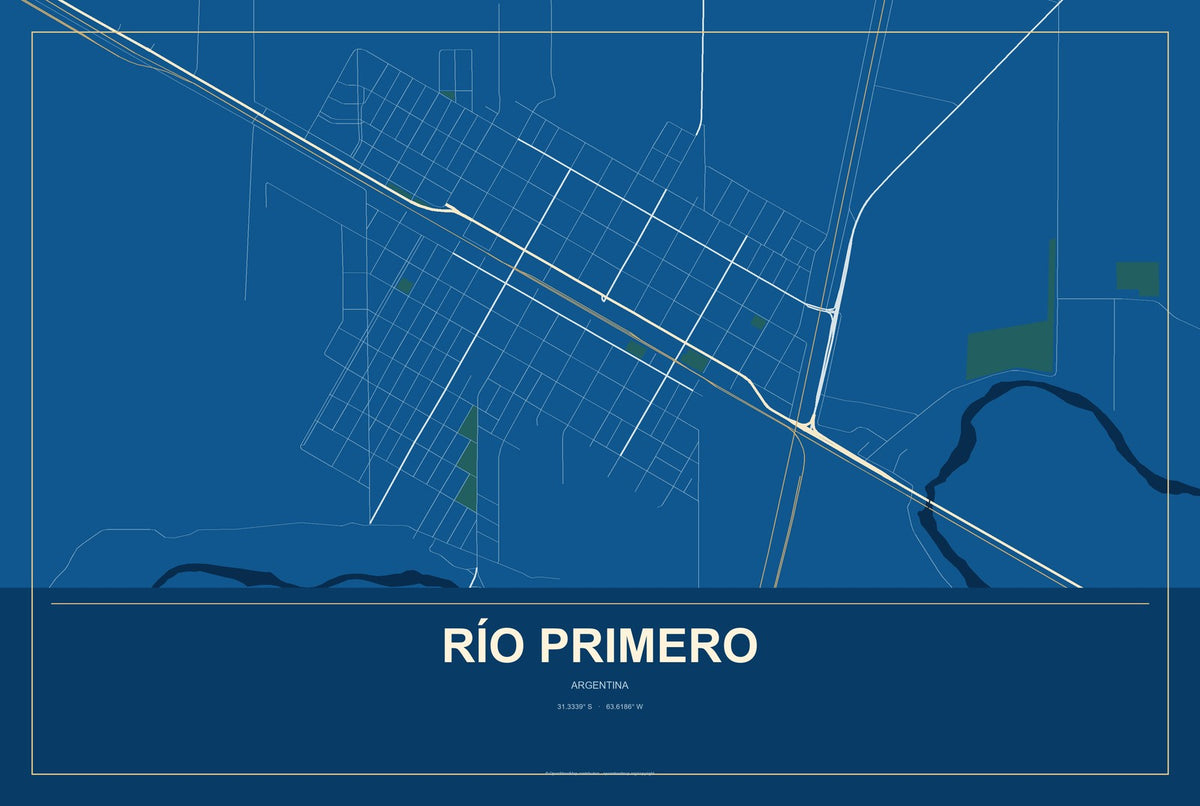 Río Primero, Argentina City Map Aluminum Sign in Harbor Cobalt style