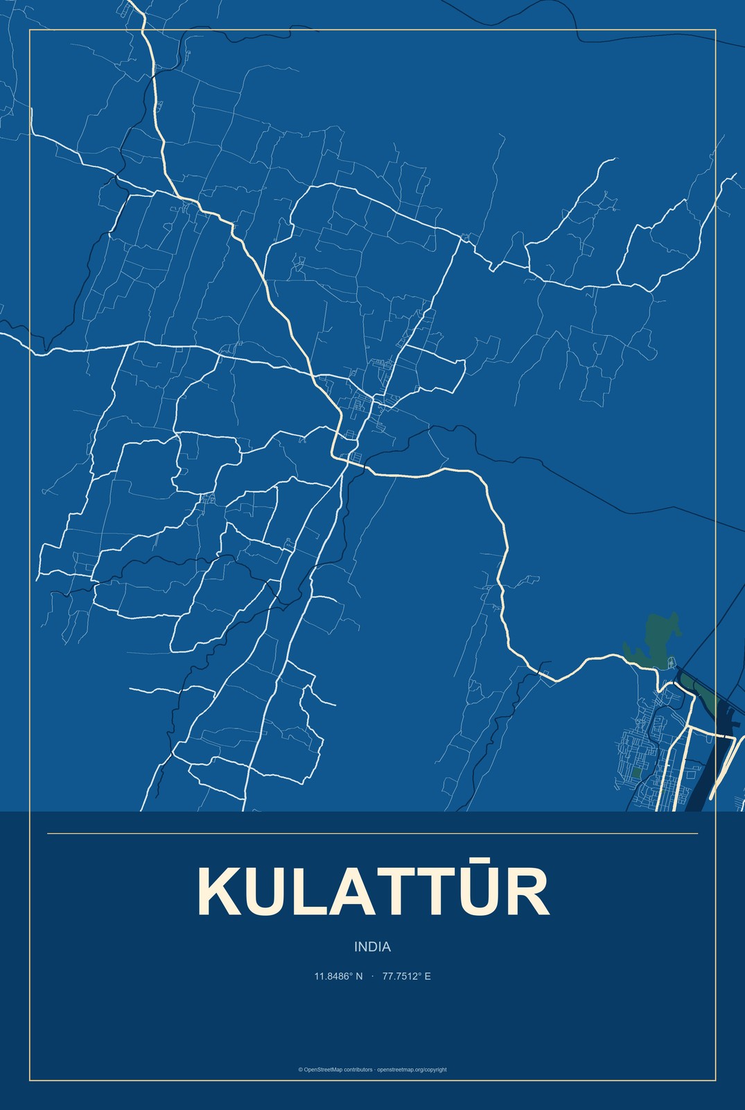 Kulattūr, India City Map Aluminum Sign in Harbor Cobalt style