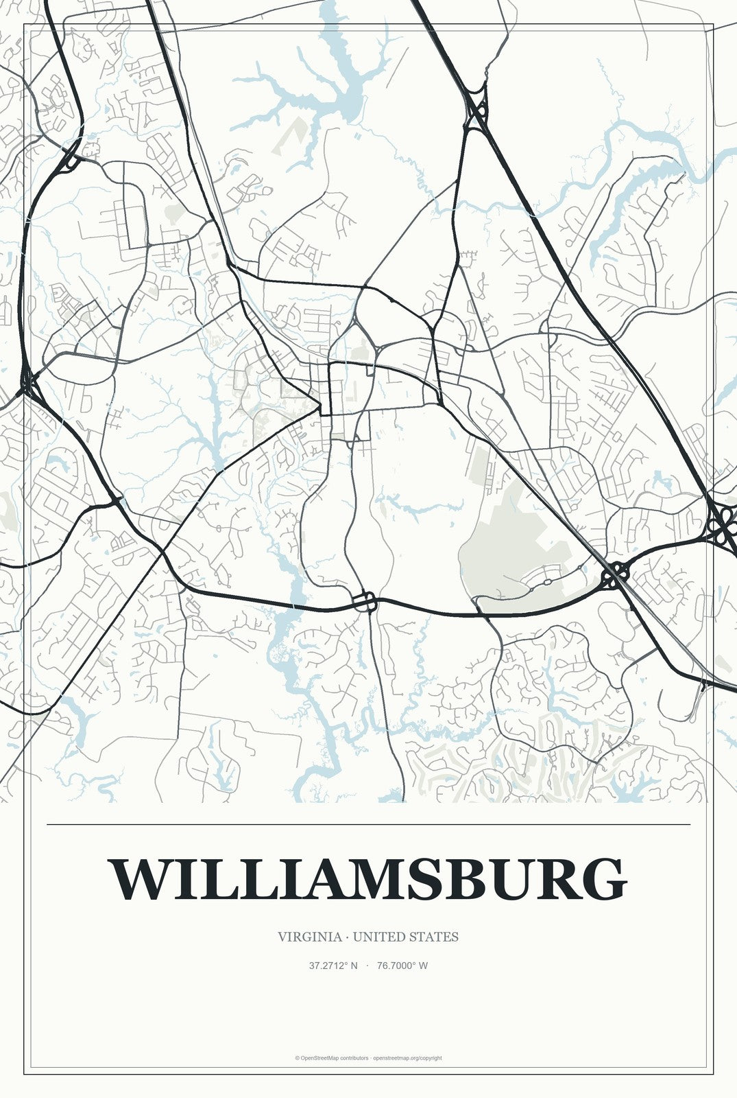 Williamsburg, Virginia City Map Aluminum Sign in Gallery Air style