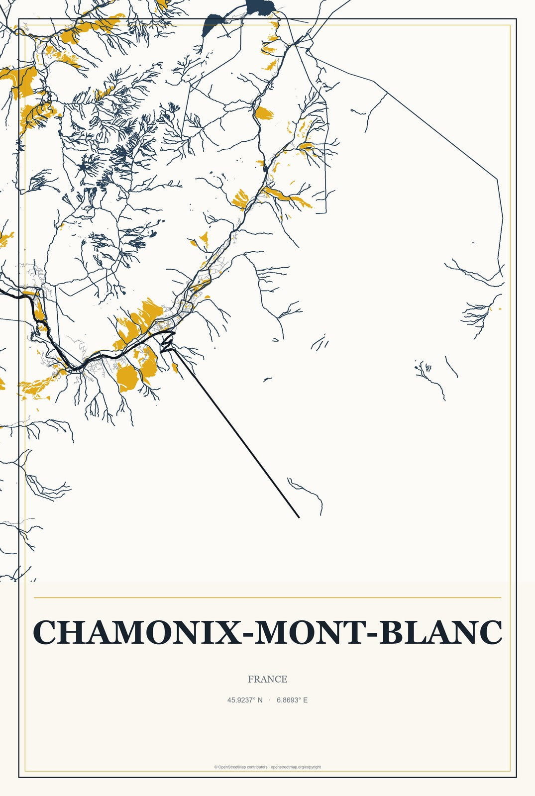 Chamonix-Mont-Blanc, France City Map Aluminum Sign in Citrine Modern style