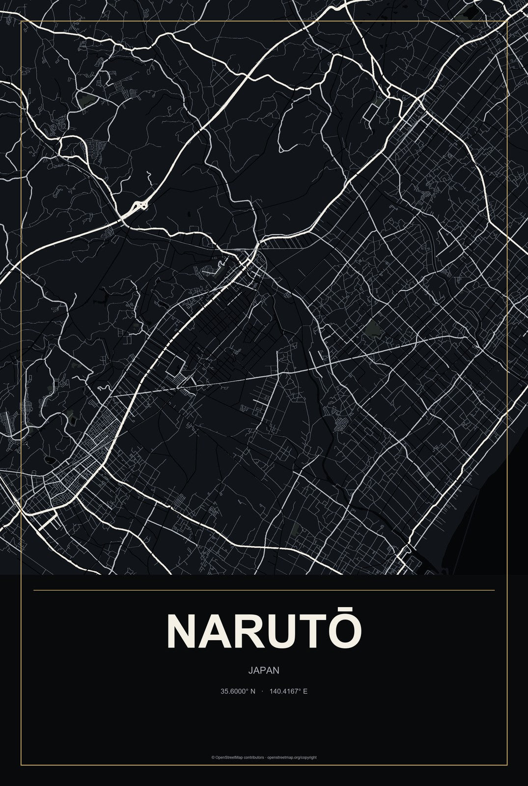 Narutō, Japan City Map Aluminum Sign in Metropolitan Noir style