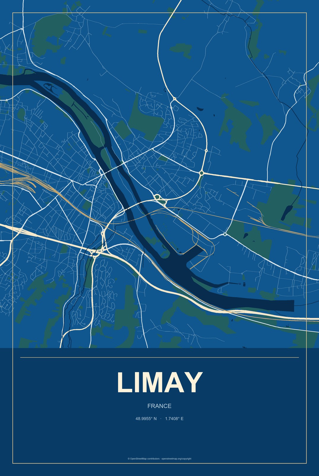 Limay, France City Map Aluminum Sign in Harbor Cobalt style